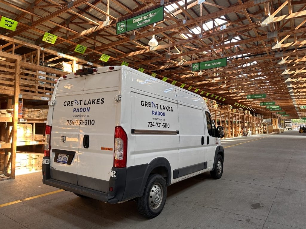 Great Lakes Radon service van in lumber warehouse
